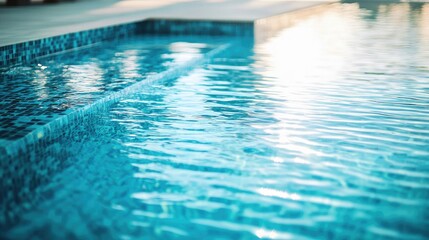 A luxurious poolside scene, with a close-up of mosaic tiles blending into clear blue water.