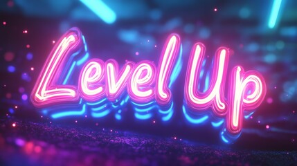 text "Level Up" pixelated arcade font, with vibrant colors purple red, and cyan. glow around letters enhances the nostalgic video game aesthetic.