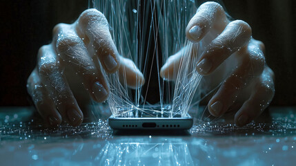 Thin nearly invisible marionette strings stretching from a smartphone to small fingers