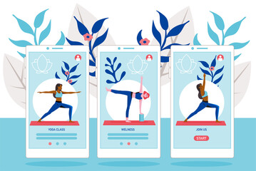 Women practicing yoga using online mobile app. Fitness and wellness trends. Flat vector illustration