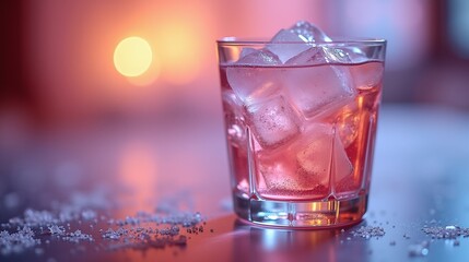 A glass filled with ice cubes and a pink beverage, set against a blurred background with subtle lighting.