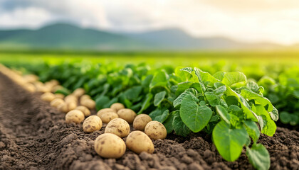 Fototapeta premium Potatoes Growing in Field at Sunrise