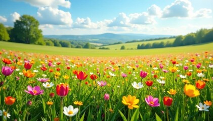 Fototapeta premium Vast spring meadow, vibrant blooms in panoramic view, gorgeous, garden, botany