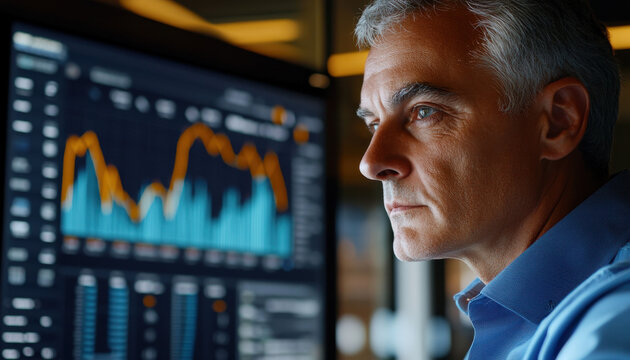 A middle-aged man is intently looking at a computer screen filled with data graphs and trends in a contemporary office environment. The setting suggests a focus on analysis