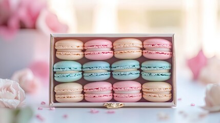 A pastel-toned macaron set in a luxury box, with delicate shades of pink, blue, and green stacked perfectly.