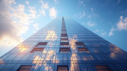 Modern Skyscraper with Reflective Glass Windows Against Clear Sky