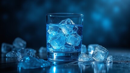 Glass of water adorned with ice cubes, set against a dark, bokeh background.