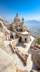Temple complex atop a rocky peak, steps winding up to the architectural marvel