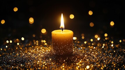 Lit candle on gold glitter, dark background, bokeh lights.