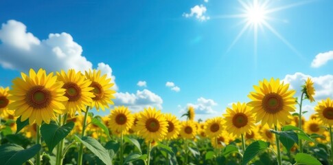 Obraz premium Vibrant yellow sunflowers bloom under a vast blue sky , outdoor, summer