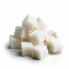Pile of white sugar cubes on a white surface representing indulgence or refined sweetness. Perfect for illustrating diet health or ingredient themes