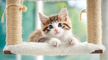Tiny tabby kitten resting on a cozy perch with scratching posts in front of a blurry window