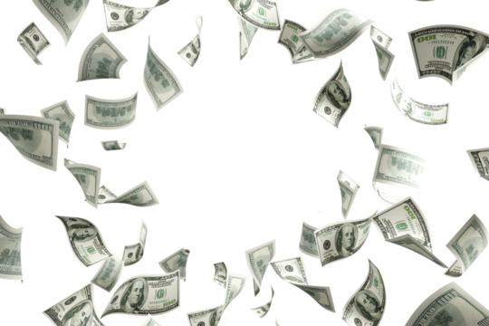 dollar bills falling on white background