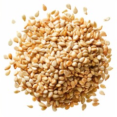 Golden sesame seeds piled on white background, symbolizing wholesome nutrition and nutty flavor. Perfect for plant-based recipes, culinary seasoning, and healthy diet concepts.
