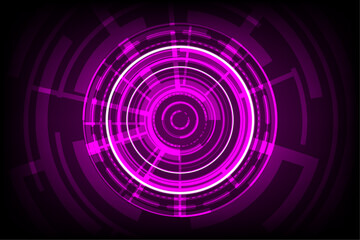 Abstract background. Technology Circle Background. Glowing purple circles with a swirling pattern on a dark digital background. Circuit, ring, hardware security technology vector design.