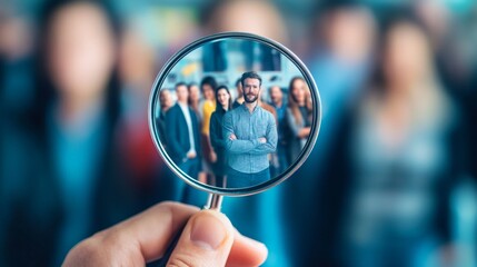 HR Professional Analyzing Employee Data with Magnifying Glass on Virtual Interface in Neon Colors Highlighting Human Resource Concepts