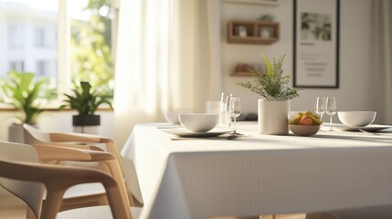 A Scandinavian-style dining area with a simple white tablecloth over a light wooden table, accompanied by neutral tones and modern decor.