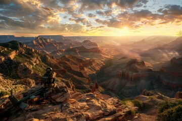 Fototapeta premium Dramatic sunset over grand canyon apache helicopter in action military landscape captured moment