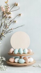 Delicate pastel Easter eggs artfully arranged on elegant two-tiered wooden stand, complemented by soft blossoming branches in serene minimalist composition