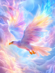 Fototapeta premium Rainbow Eagle Soaring Through Pastel Clouds; Spiritual Poster