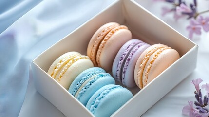 A selection of pastel macarons in a luxury box, featuring soft hues like light blue, peach, and lavender.