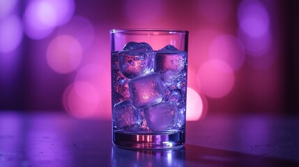 A glass filled with ice is illuminated by a soft, glowing purple light, creating a serene and captivating ambiance.