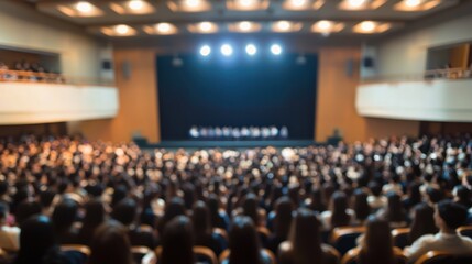Obraz premium A blurred background of a large university auditorium filled with graduates.