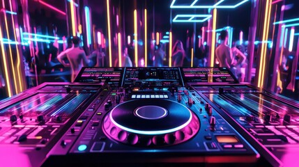 A DJ spinning at a nightclub with neon lights and a dancing crowd.