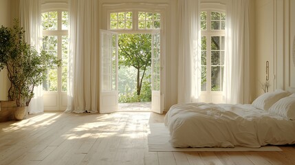 Sunlit Bedroom with Garden View and White Linens