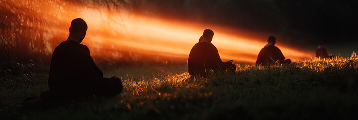 Silhouetted Figures in Grass During Sunset Illumination