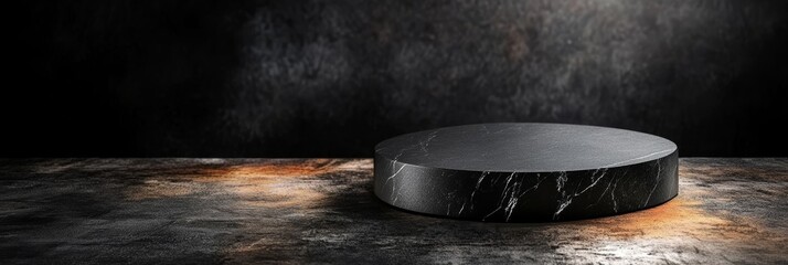 Empty Minimalist Stage with Dramatic Light and Shadow, product podium mockup for advertising card template presentation on black background, studio setting display