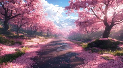 Obraz premium Serene Cherry Blossom Garden Pathway with Falling Petals