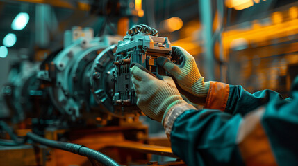 Technician Fixing Industrial Equipment with Gloves in Workshop Environment