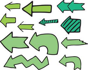 set of arrows drawn with black curved lines with green fill of different shades, arrows with stripes, growth arrow