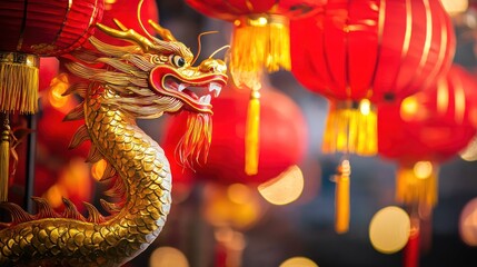 Fototapeta premium A festive Chinese New Year backdrop with red lanterns and golden dragons.