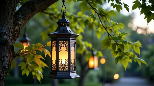 Elegant decorative lantern hanging from a tree branch surrounded by lush green leaves, glowing softly in the evening light, creating a serene ambiance