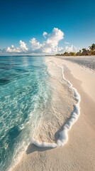 Tropical paradise White sand beach, clear water, blue sky, with distant huts
