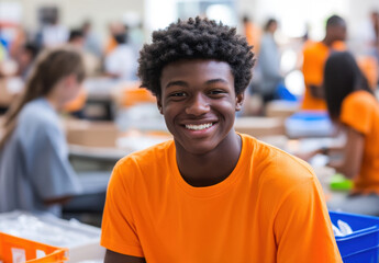 A joyful African American high school student is engaged in a community service project, working alongside peers in an active and vibrant environment filled with enthusiasm and teamwork