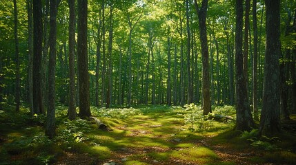 Obraz premium Sunlit Forest Path Mossy Green Nature Scene