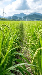 Obraz premium Rice paddy path, wind turbines, mountains