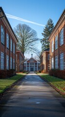 Sunny walkway between brick buildings, campus entrance