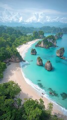 Tropical paradise sandy beach, turquoise water, green cliffs