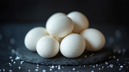 Stacked White Eggs on Dark Slate Plate