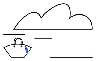 Handbag with a blue price tag under cloud outline signifies storage, pricing, or value. Ideal for cloud computing, security, value, e-commerce, digital transactions, data storage modern technology