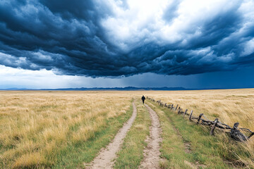 Fototapeta premium Person walking on dirt road towards storm, plains background