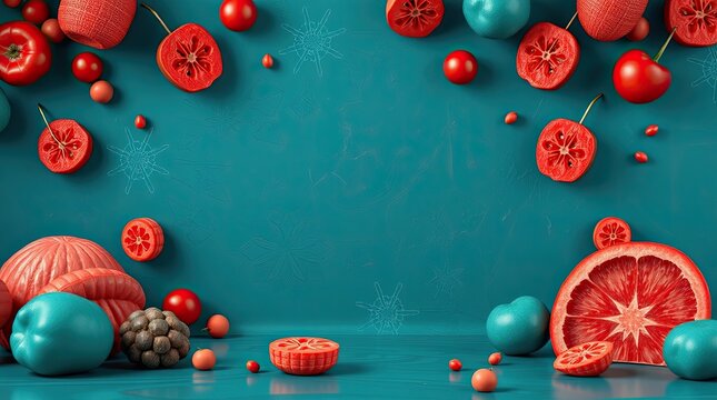 Playful arrangement of colorful fruits and shapes on teal background