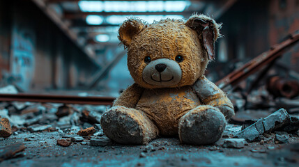 A single stuffed bear covered in dust