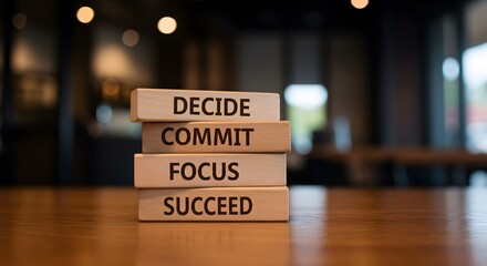 Wooden blocks stacked to spell "DECIDE COMMIT FOCUS SUCCEED" on a wooden table in a cozy indoor setting. Represents goal setting, motivation, perseverance, determination, productivity, self-discipline