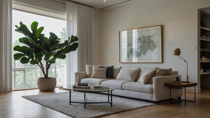 A minimalist living room with a sleek white curved sofa, a large fiddle-leaf fig plant, and soft ambient lighting