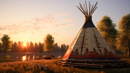 Indian wigwam near the river at sunset, native American teepees in North America	
